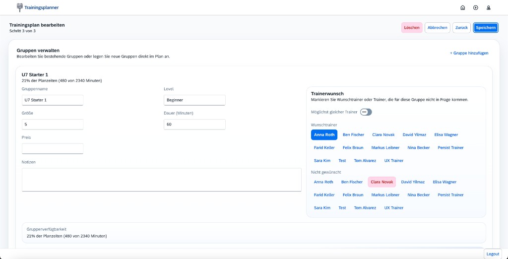 Gruppen verwalten und Trainerwünsche abbilden