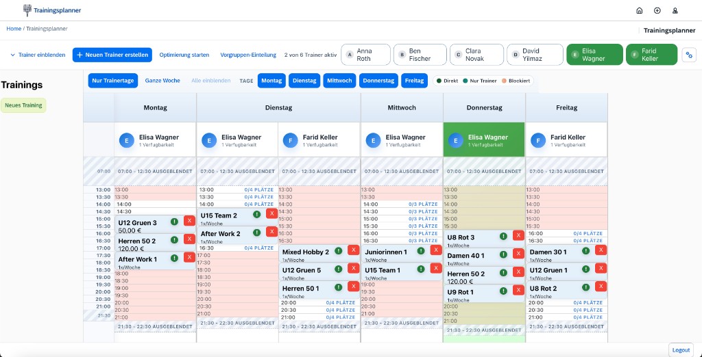 Wochenübersicht des Trainingsplaners mit Trainern, Gruppen und Zeitfenstern